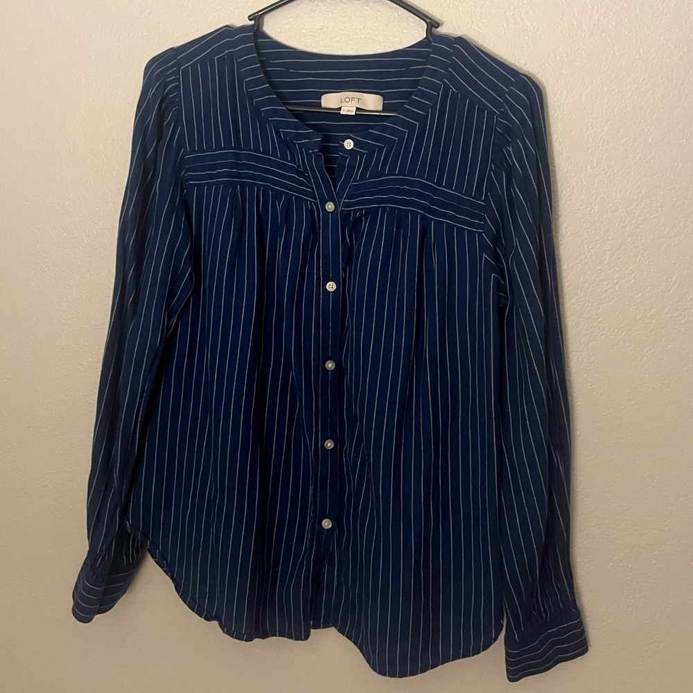 LOFT Navy Pinstripe Button Down Shirt